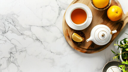 Wooden board with tea and lemon on a marble table, copy space