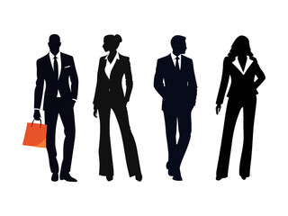 Set of Silhouettes of businesswomen and businessmen, female and male model wearing official suits and standing in different positions