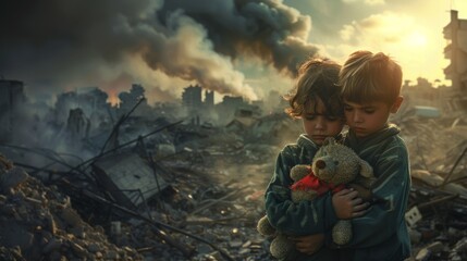 Two children are holding a teddy bear in a destroyed city - Powered by Adobe