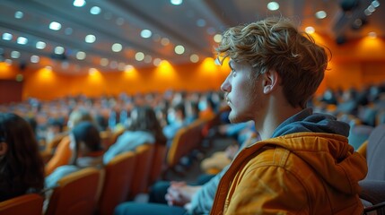 Attentive Young Man in Warm-Toned Lecture Hall