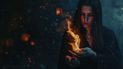 Fototapeta na wymiar Mysterious woman controlling fire with her hands, dark and magical theme with sparkling embers