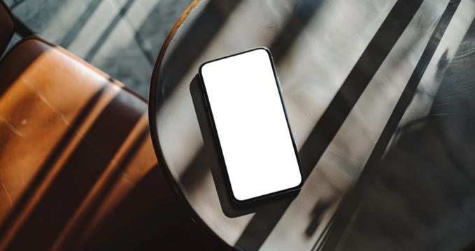 smartphone on the table in a restaurant or cafe with its transparent screen - easy modification - Powered by Adobe