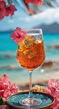 A moody vertical closeup video of a glass of Aperol on a rock in front of a beautiful beach. A longing for a cold drink on the beach.