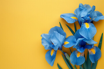 Iris flowers with blue petals against a isolated pastel yellow background, copy space