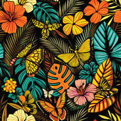 Seamless flowers and butterflies tropical pattern. Vector Ilustration