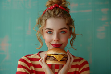 Food pop art photography. Cropped image of woman eating burger on red tablecloth isolated over...