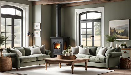 Fototapeta premium Cozy cottage interior, warm and cozy living room in the English countryside with sage light walls and fluffy gray sofas, fireplace, large windows,