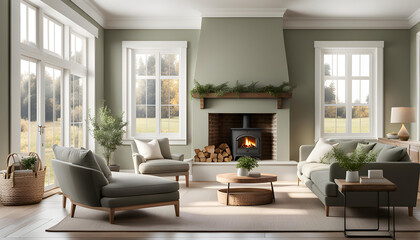 Cozy cottage interior, warm and cozy living room in the English countryside with sage light walls and fluffy gray sofas, fireplace, large windows,