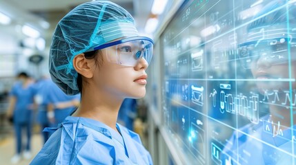 A medical professional using augmented reality technology to perform a surgical procedure, with digital overlays providing real-time data and guidance to enhance precision and efficiency