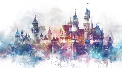 Fotobehang Watercolor magic castle. Fairy tale castle illustration on white background ©  Mohammad Xte