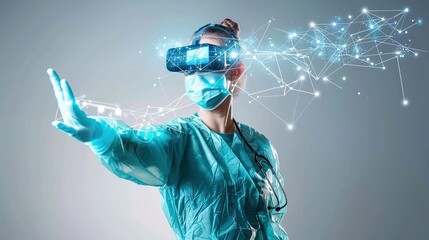 A medical professional using augmented reality technology to perform a surgical procedure, with digital overlays providing real-time data and guidance to enhance precision and efficiency