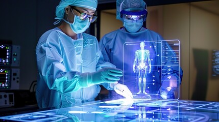 A medical professional using augmented reality technology to perform a surgical procedure, with digital overlays providing real-time data and guidance to enhance precision and efficiency