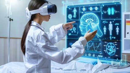 A medical professional using augmented reality technology to perform a surgical procedure, with digital overlays providing real-time data and guidance to enhance precision and efficiency