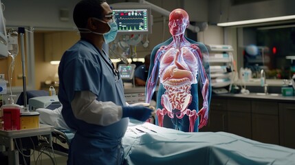 A medical professional using augmented reality technology to perform a surgical procedure, with digital overlays providing real-time data and guidance to enhance precision and efficiency