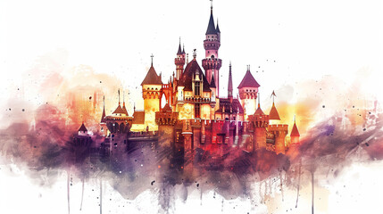 Watercolor magic castle. Fairy tale castle illustration on white background - obrazy, fototapety, plakaty