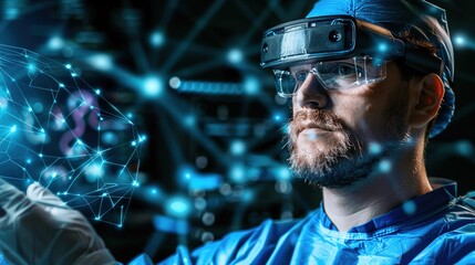 A medical professional using augmented reality technology to perform a surgical procedure, with digital overlays providing real-time data and guidance to enhance precision and efficiency