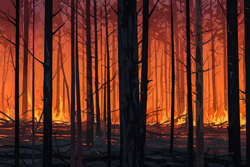 A fire-ravaged forest landscape at dusk, with flames illuminating the sky in shades of orange and red vector art illustration image.
