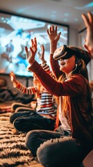 Obraz premium A group of friends gathered in a living room, each wearing augmented reality glasses and interacting with virtual objects projected into the space around them
