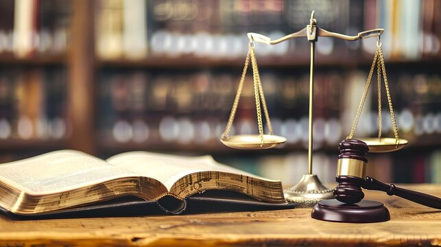 Scales of Justice on Desk in Library Setting, Symbolizing Law and Legal Study. Classic Wooden Gavel Beside Open Law Book. Legal Research Theme. AI
