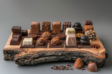 Assorted artisan chocolates displayed on a rustic wooden board