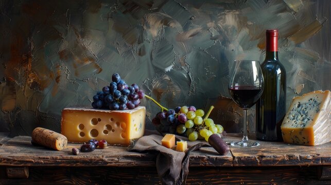 Still life with red wine and cheese
