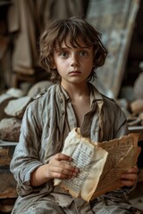 Young child dressed as an archaeologist holding ancient artifacts in a historic setting