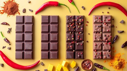 Spicy gourmet chocolate bars with chili peppers and vibrant colors