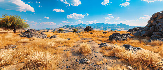Rugged Desert Valley Under Bright Blue Sky, Wild Scenic Landscape, Adventure in Californian Outdoors