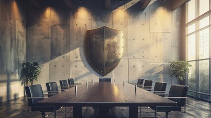 A meeting room with a giant shield on the wall, protecting a group of economists discussing prevention of a financial crisis