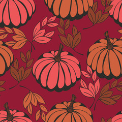 Seamless pattern with pumpkins on color background. Vector hand drawn sketched pumpkin. Autumn illustration for holidays, Halloween. Various food items in doodle style