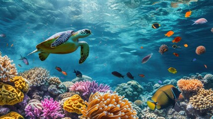 Obraz na płótnie Canvas A sea turtle glides through the clear blue waters of a coral reef teeming with colorful marine life and diverse coral formations. Resplendent.