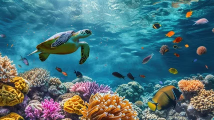 Fotobehang A sea turtle glides through the clear blue waters of a coral reef teeming with colorful marine life and diverse coral formations. Resplendent. © Summit Art Creations