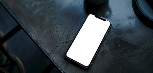 smartphone on the table in a restaurant or cafe with its transparent screen - easy modification