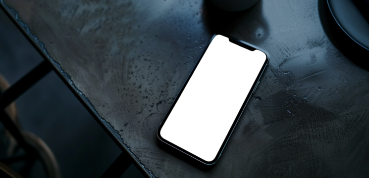 smartphone on the table in a restaurant or cafe with its transparent screen - easy modification