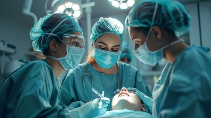 Low Angle Shot in the Operating Room, Assistant Hands out Instruments to Surgeons During Operation. Surgeons Perform Operation. Professional Medical Doctors Performing Surgery.