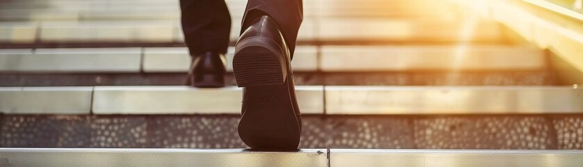 Closeup on a businessmans foot stepping onto the first stair of a long staircase, focusing on the journey to success - obrazy, fototapety, plakaty
