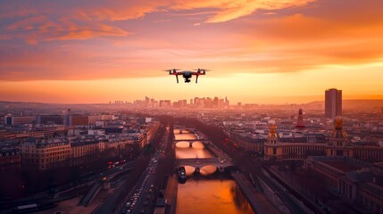 Drone soars above a bustling city during a spectacular sunset. Urban exploration from the sky. Perfect for aerial photography promotion. AI