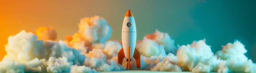 Office setting with a rocket model on a desk surrounded by fluffy clouds, an alarm ringing, metaphor for high aspirations and deadlines - obrazy, fototapety, plakaty
