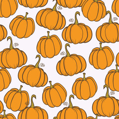 Seamless pattern with pumpkins on color background. Vector hand drawn sketched pumpkin. Autumn illustration for holidays, Halloween. Various food items in doodle style