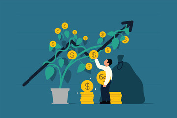 Financial Growth or Investment from Business or Stock Market Investments.  Businessman or Investor Collecting Dividends from Money Tree Gold Coins. Vector Illustration