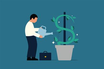 Investment growth or business grow up. Businessman Investor Watering Small Plant with US Dollar Sign. Vector Illustration