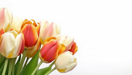 Colorful tulips in a field on a white Colorful tulips in a field on a white background Spring tulips various colors isolated on white background with Copy space. Holiday design top view