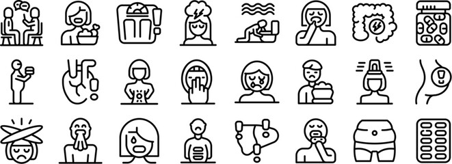 Bulimia icons set outline vector. Fat weight. Woman obese diet