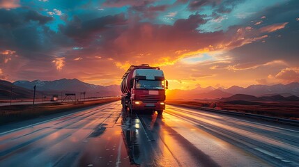 Sunset Ride: Tanker Truck's Highway Journey. Concept Truck Industry Innovation, Logistics and Transportation, Fuel Delivery Efficiency, Highway Safety Measures - obrazy, fototapety, plakaty