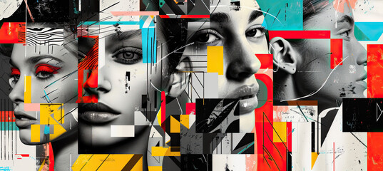 Abstract background with diversity faces collage black and white and colours elements