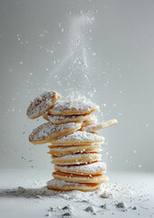A stack of fresh pancakes dusted with powdered sugar, with a dynamic sprinkle in the air
