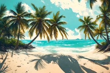 A tropical beach panorama, palm trees framing the sandy shore in the bliss of summer.