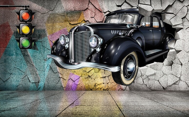3D wallpaper design with a classic car jumping through a broken wall for digital print
