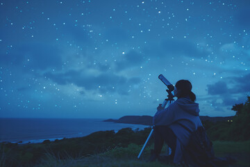 Enveloped by the quiet of a coastal evening, a woman wrapped in a blanket loses herself in stargazing through a telescope under a star-speckled sky