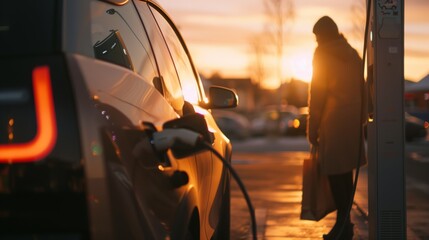 Electric Car Charging at Sunset with Silhouetted Person